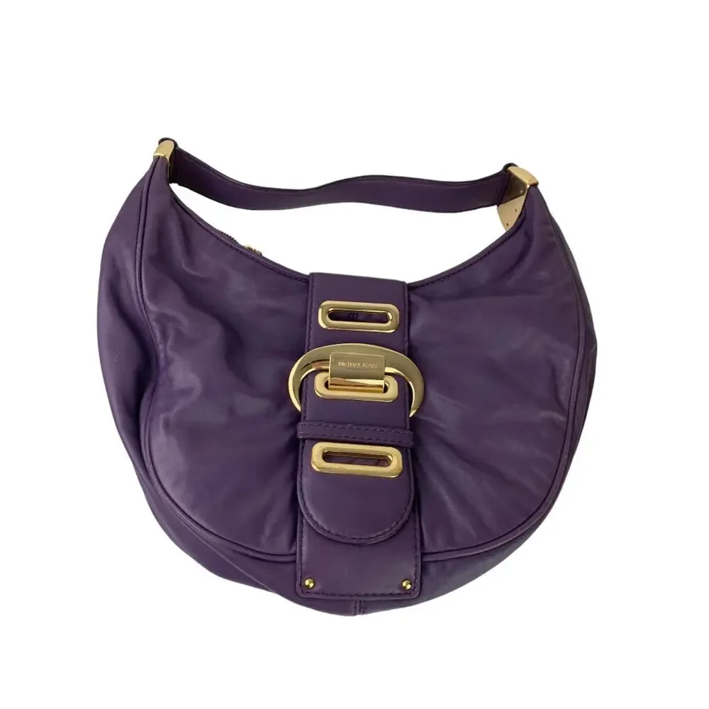 Michael Kors Morgen Purple Leather Hobo Bag Goldtone Hardware Buckle B-1006